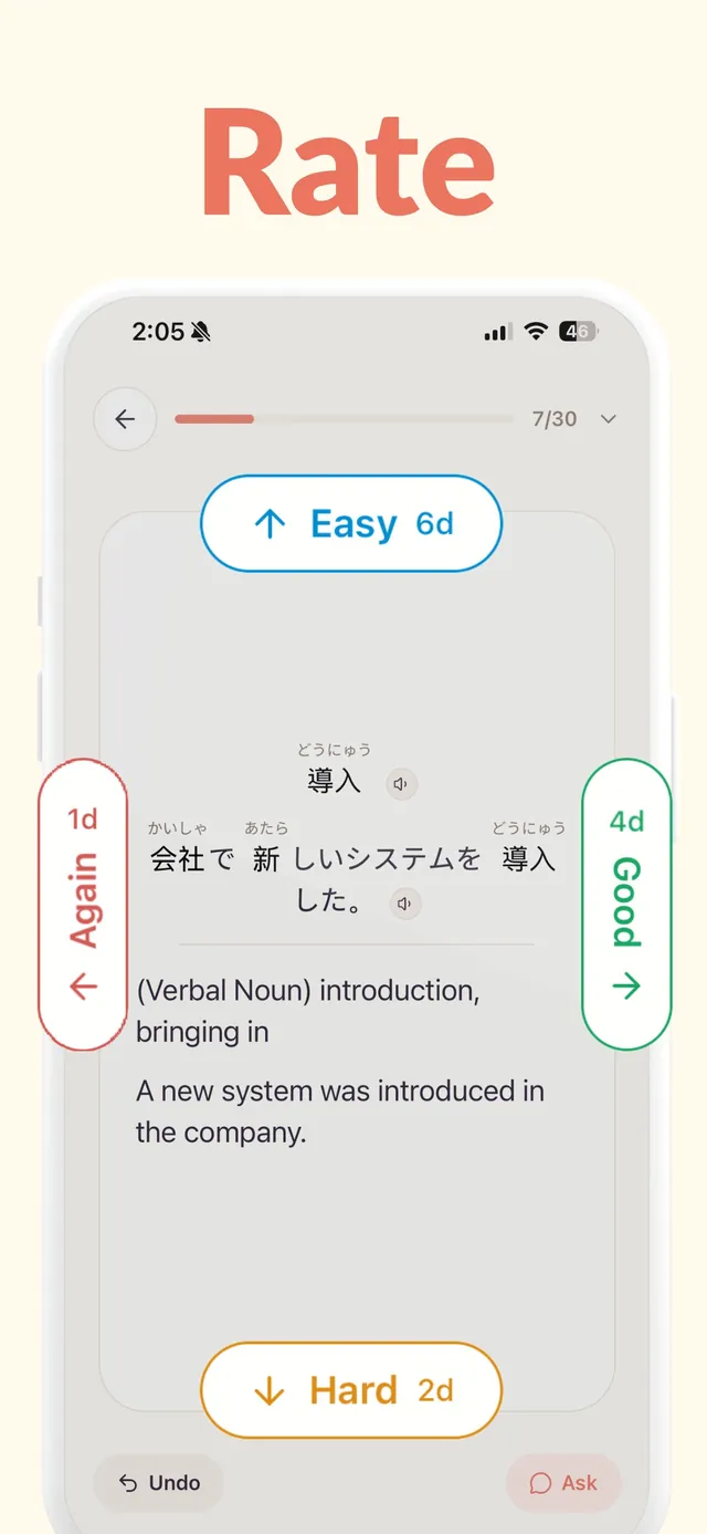 Rating a Japanese card: Again 1 day, Hard 2 days, Good 4 days, Easy 6 days