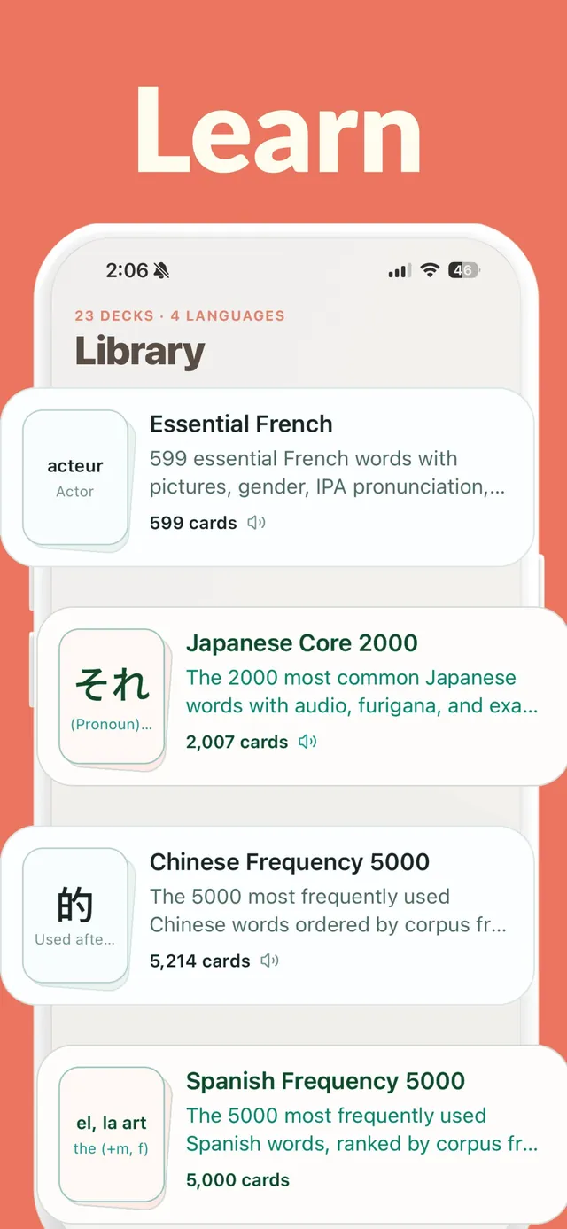 The library: Essential French, Japanese Core 2000, Chinese Frequency 5000, Spanish Frequency 5000