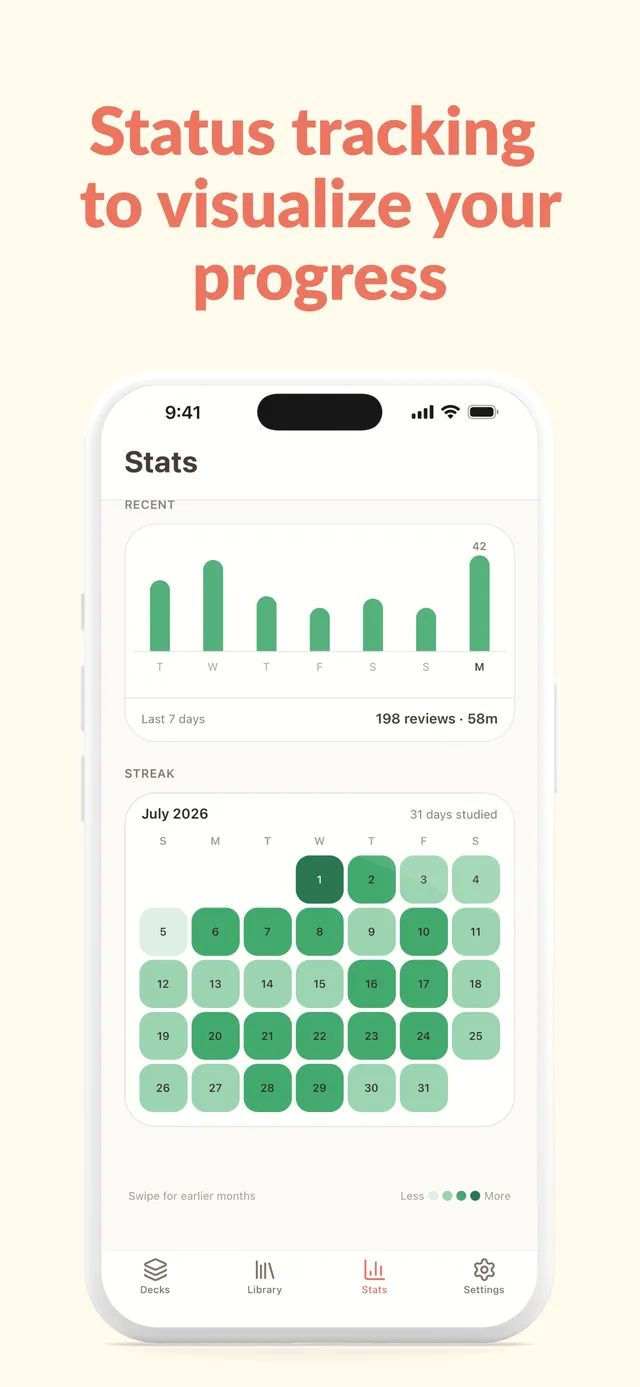 Stats: reviews per day and a calendar of study days