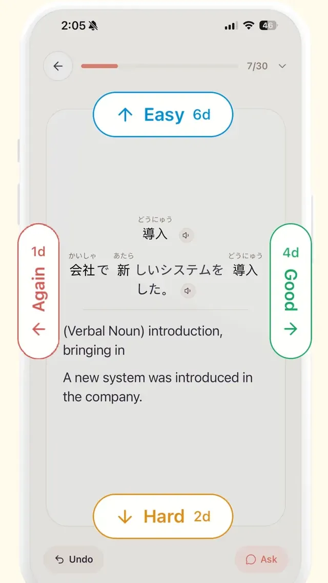 Rating a Japanese card in Decks: Again 1 day, Hard 2 days, Good 4 days, Easy 6 days